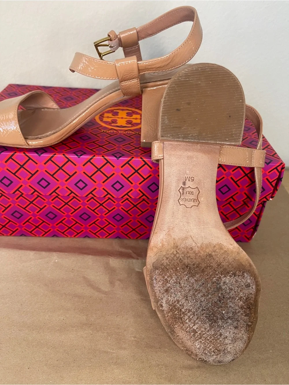Tory Burch Patent Leather Nude Block Heel Sandals